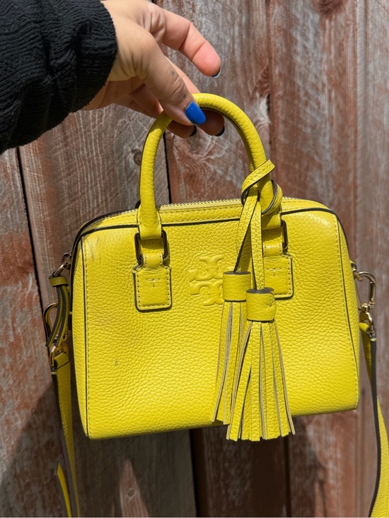 Tory Burch Handbags - Tory Burch Thea Web Mini Lemon Yellow Pebbled Leather Satchel with Tasse